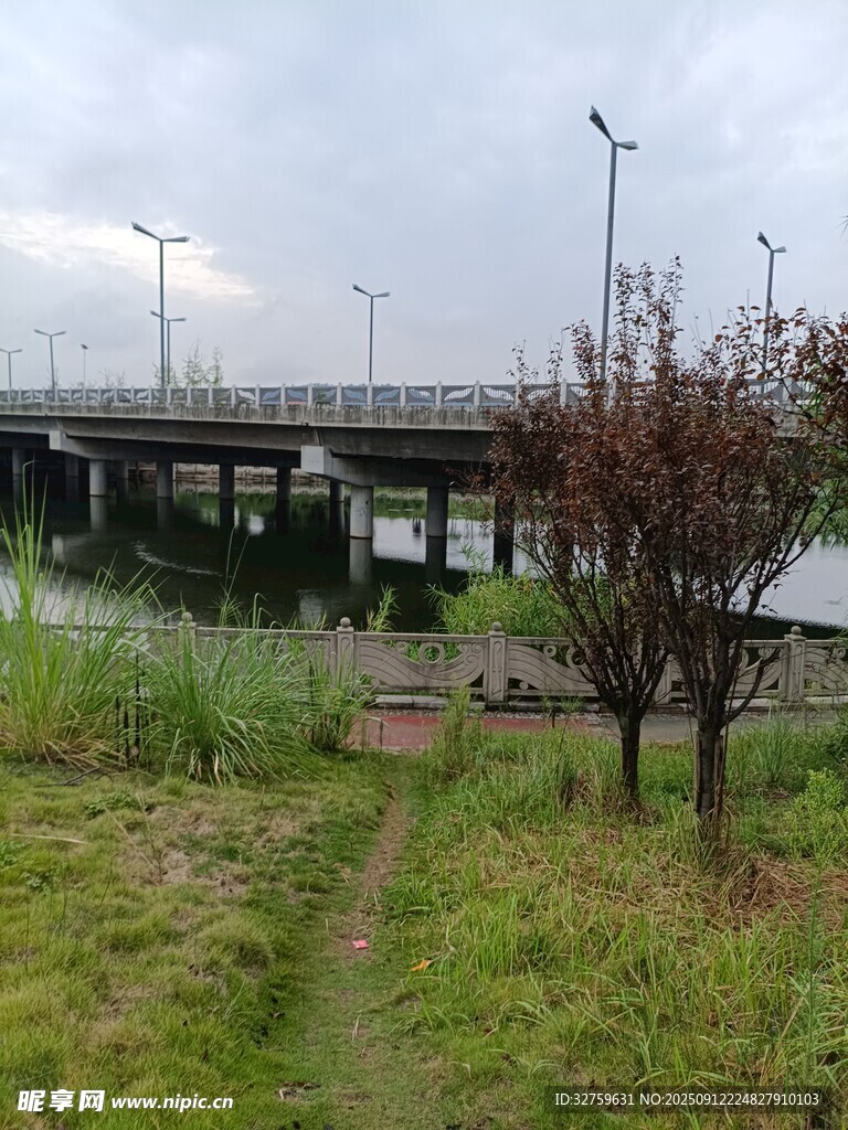 河畔橋梁邊的自然景致