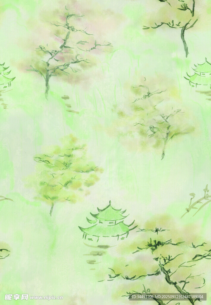 淡綠色水墨風(fēng)樹(shù)木圖案