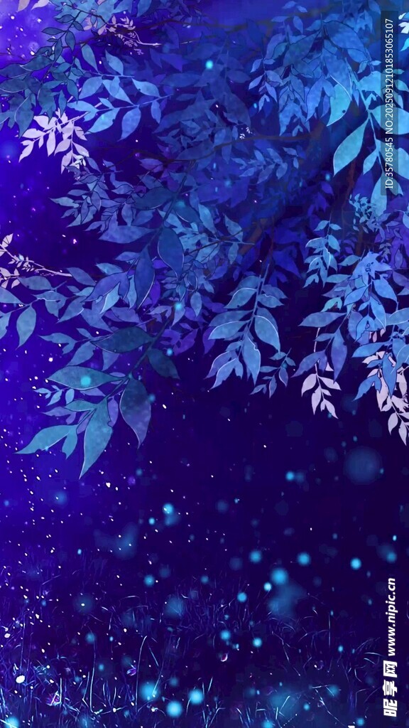 夢幻藍紫樹葉夜景圖