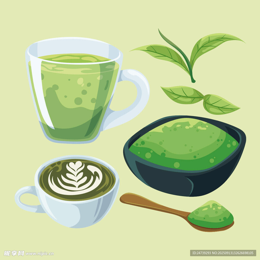 抹茶飲品與原料插畫圖