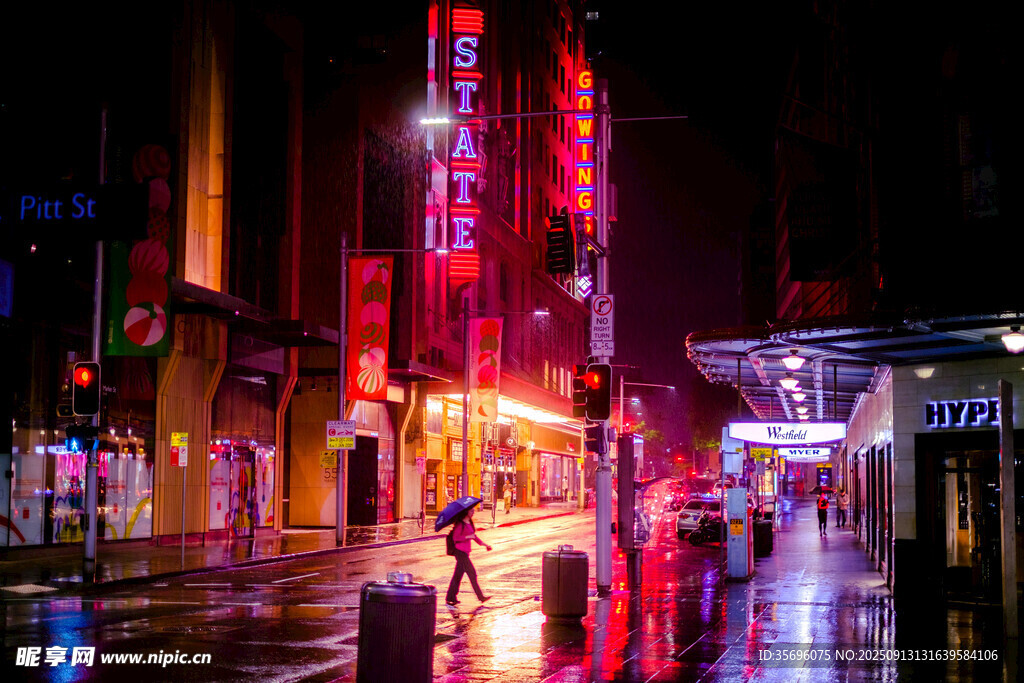 雨夜都市霓虹街道景象