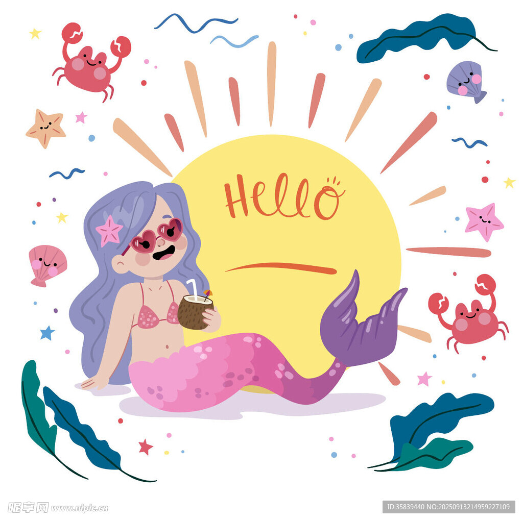 可愛(ài)美人魚(yú)與海洋元素插畫(huà)