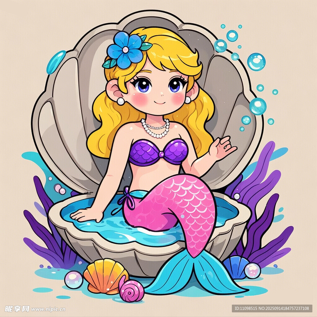 可愛小美人魚坐在貝殼上