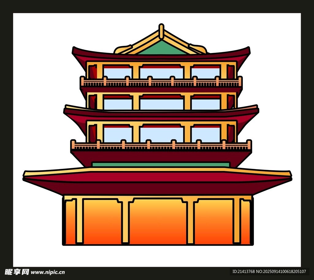 中式多層古建筑插畫