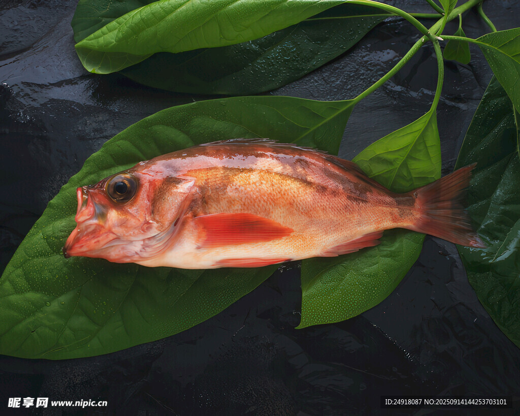 新鮮海魚(yú)置于翠綠葉片上