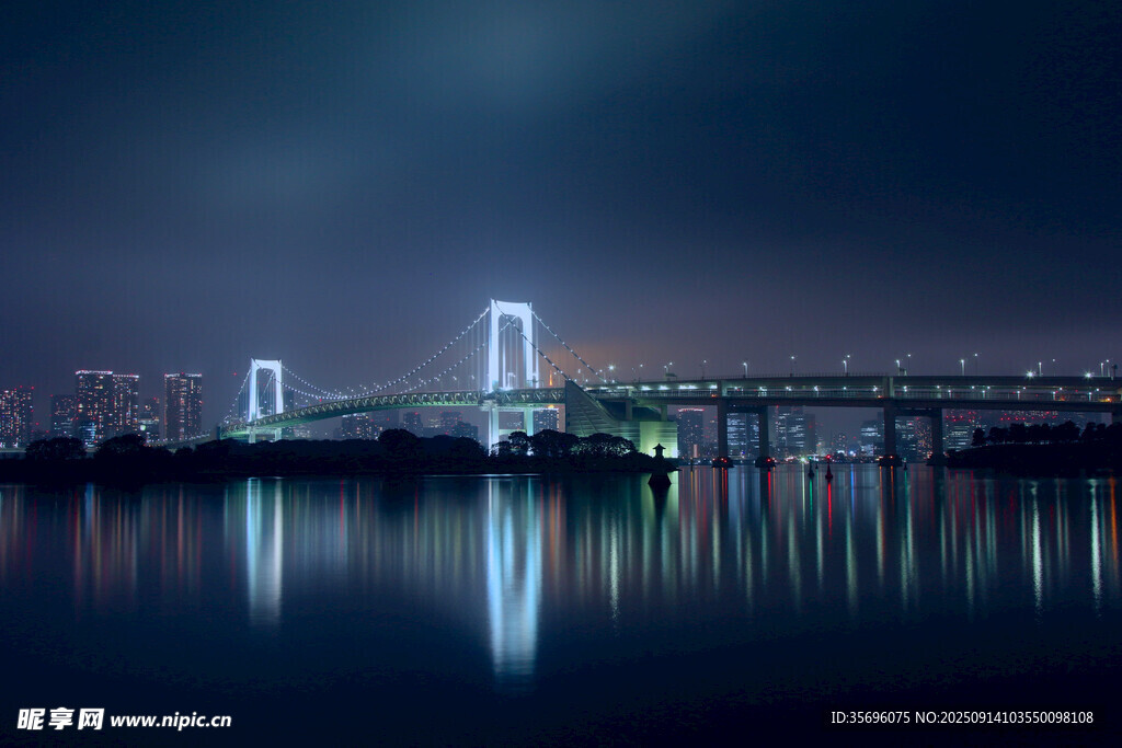 夜晚城市橋梁美麗倒影
