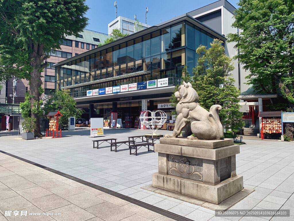 城市廣場石獅子與現(xiàn)代建筑