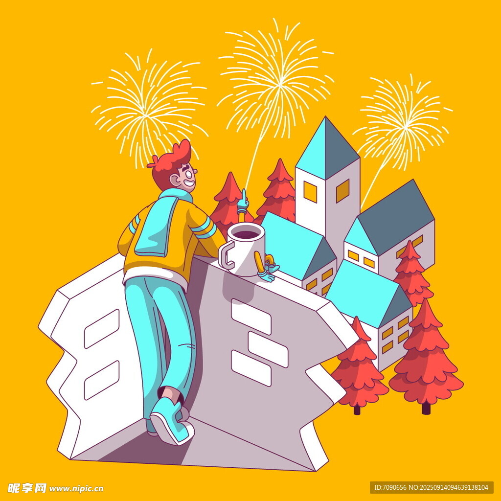 女孩賞煙花下的夢(mèng)幻小鎮(zhèn)