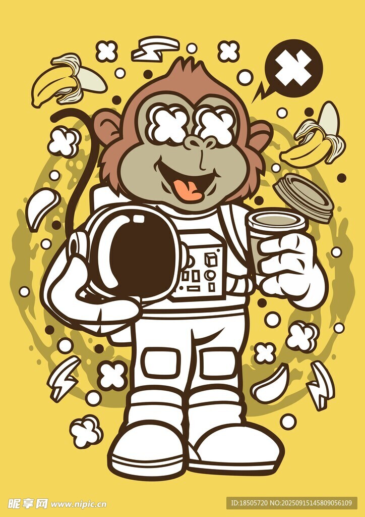卡通猴子宇航員形象插畫