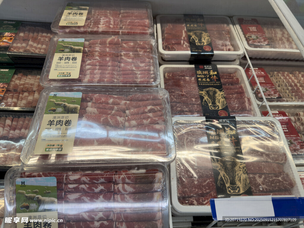 超市陳列的多樣包裝肉類