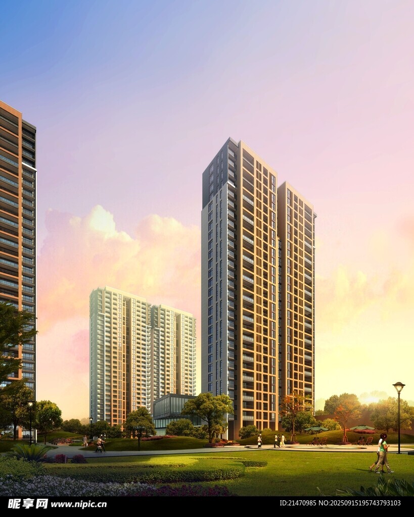 夕陽下的城市高樓景觀