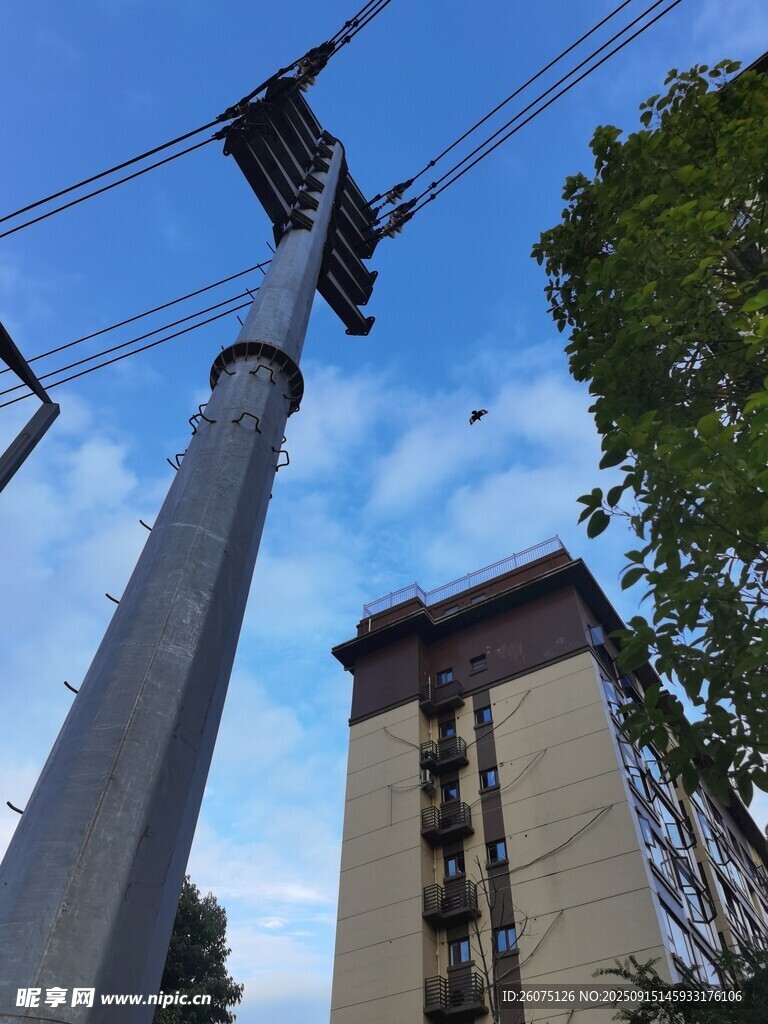 高聳電線桿與旁側(cè)居民樓