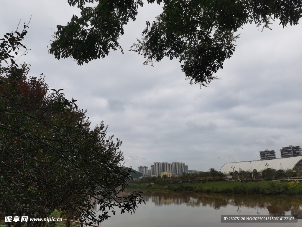 湖畔風(fēng)景綠樹(shù)與城市相映