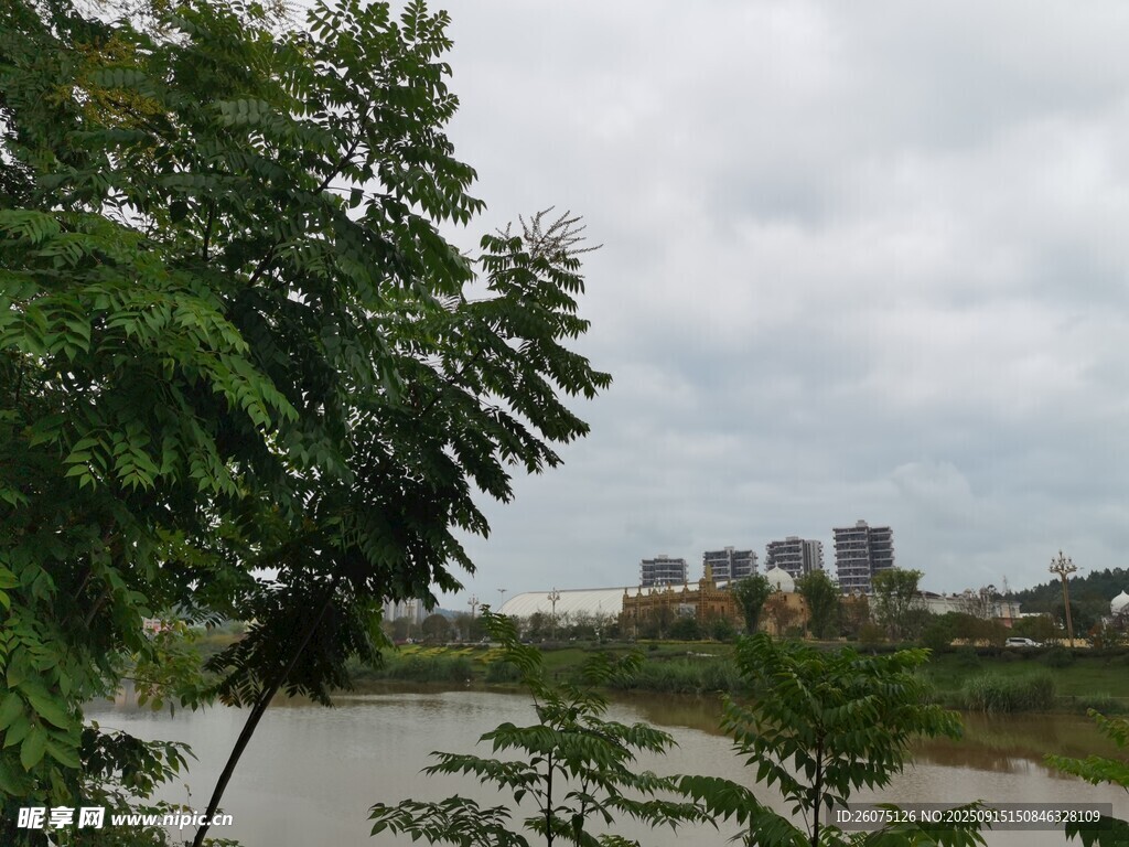 河畔綠樹與遠(yuǎn)處城市景觀