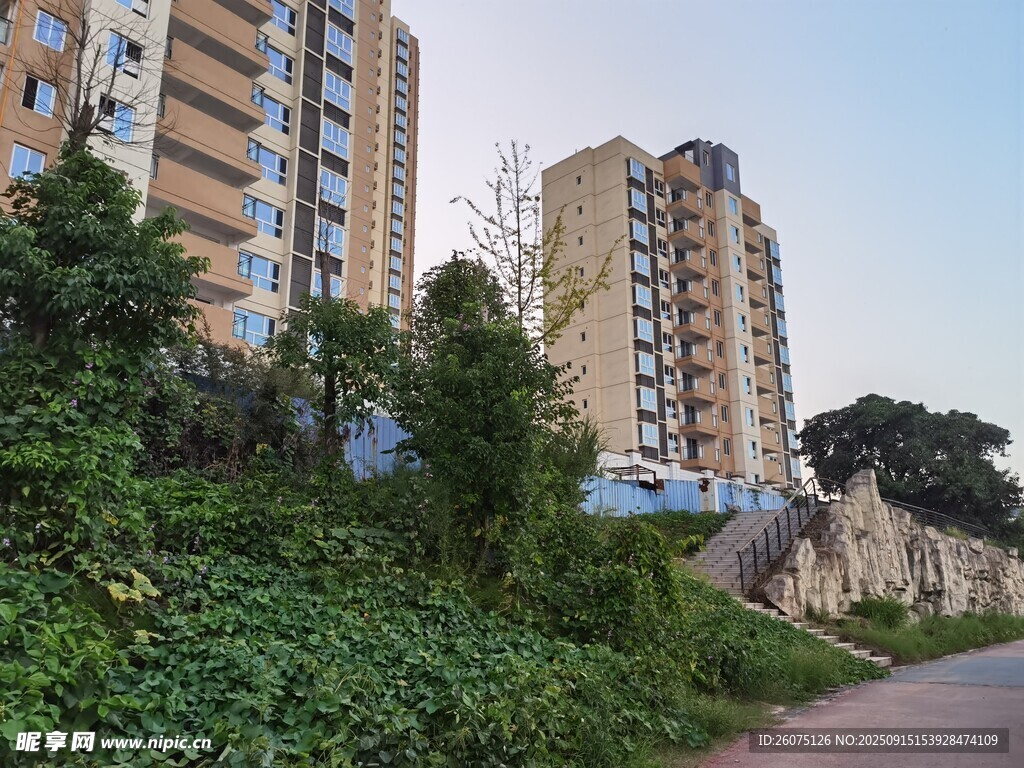 城市路旁的高層住宅建筑