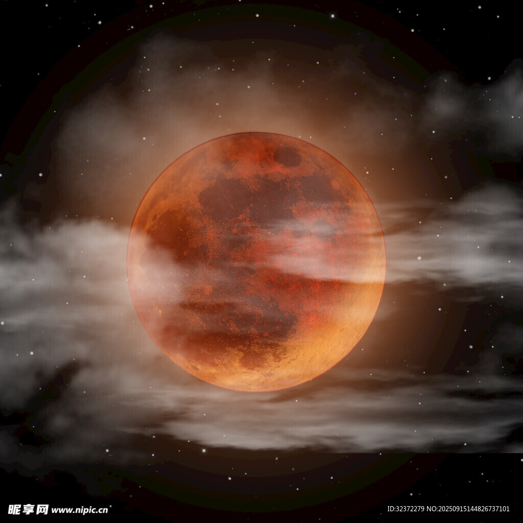 紅月懸于云霧繚繞夜空