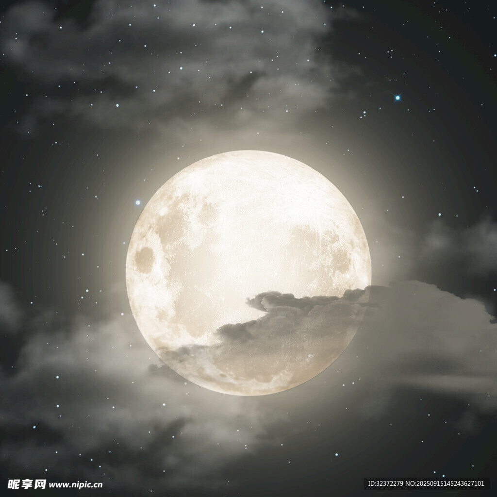 夜空中的明月與云朵
