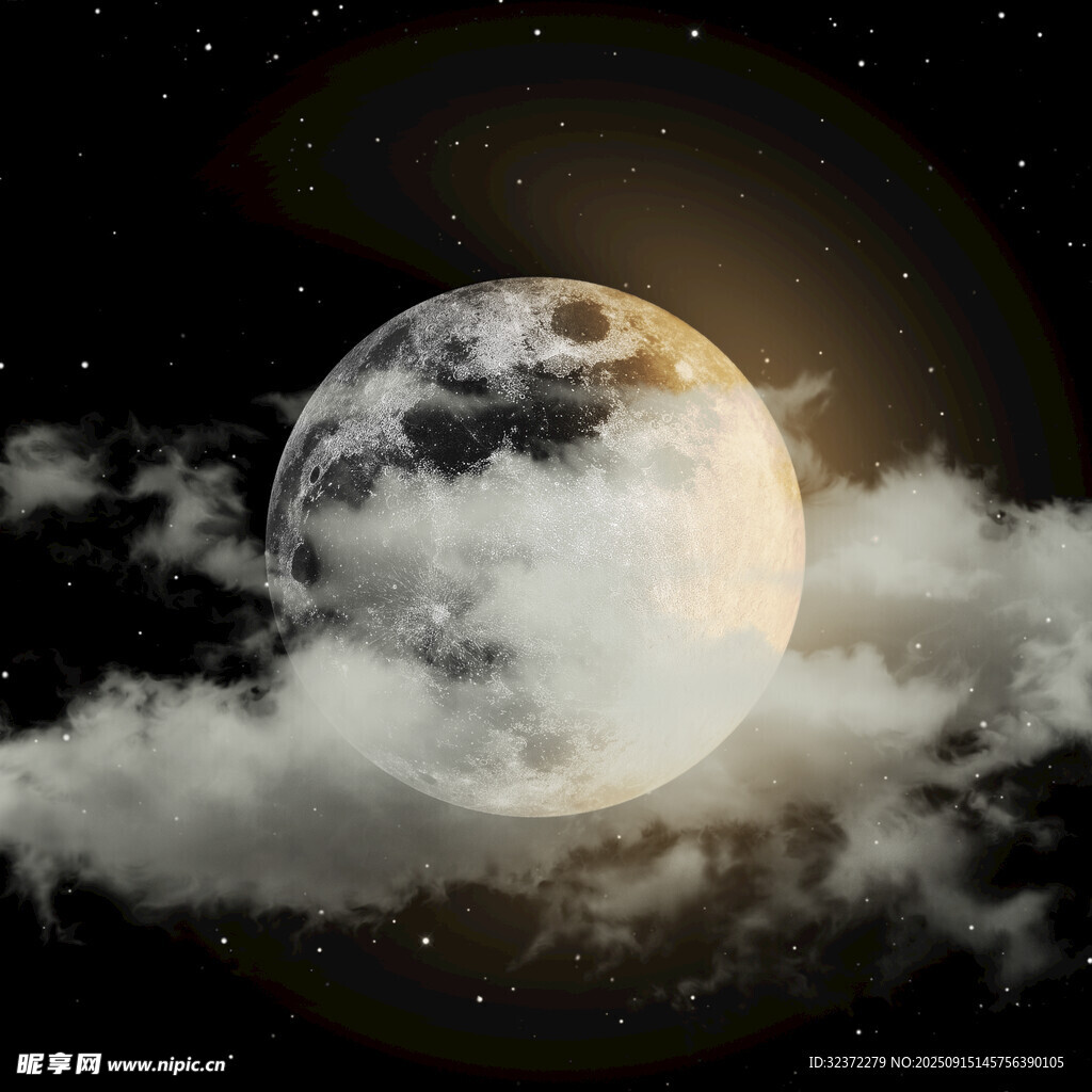 夜空中的明月與云朵
