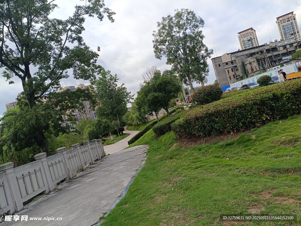 城郊小徑旁的綠植與建筑