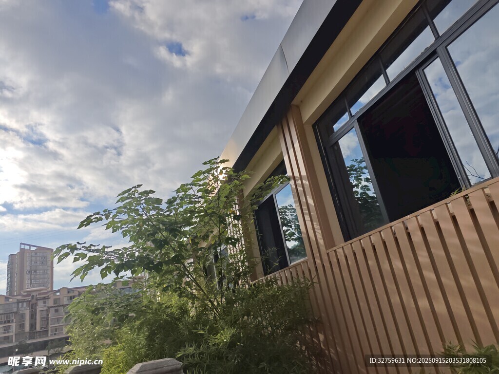 木質(zhì)小屋旁的綠植與天空