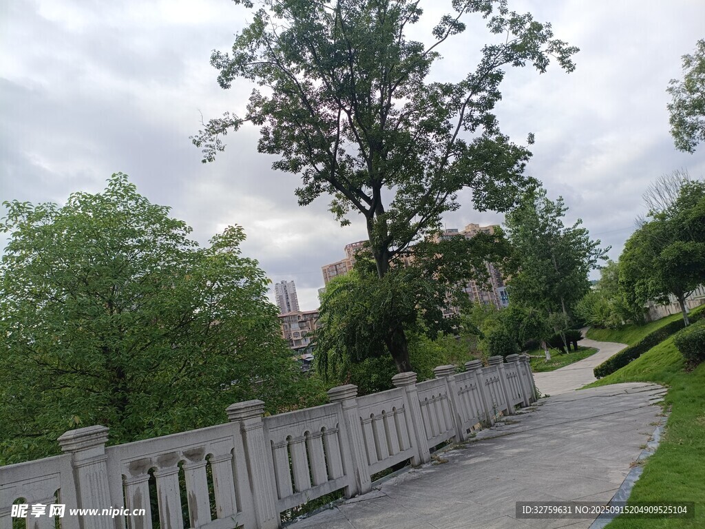 林間小道旁的白色圍欄風(fēng)景