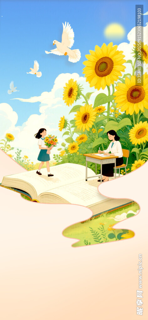 翻開的書旁綻放的向日葵
