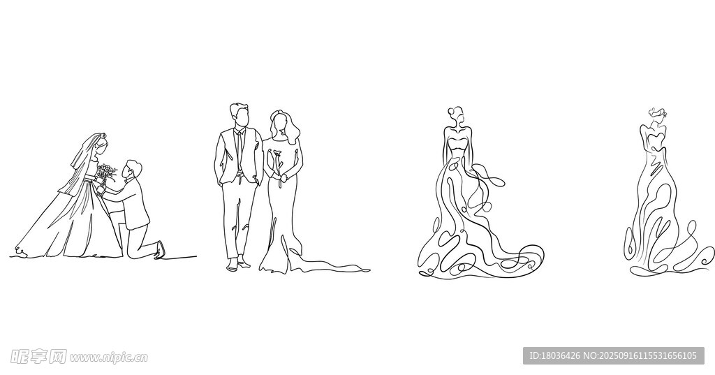 簡約線條婚紗禮服新郎新娘png
