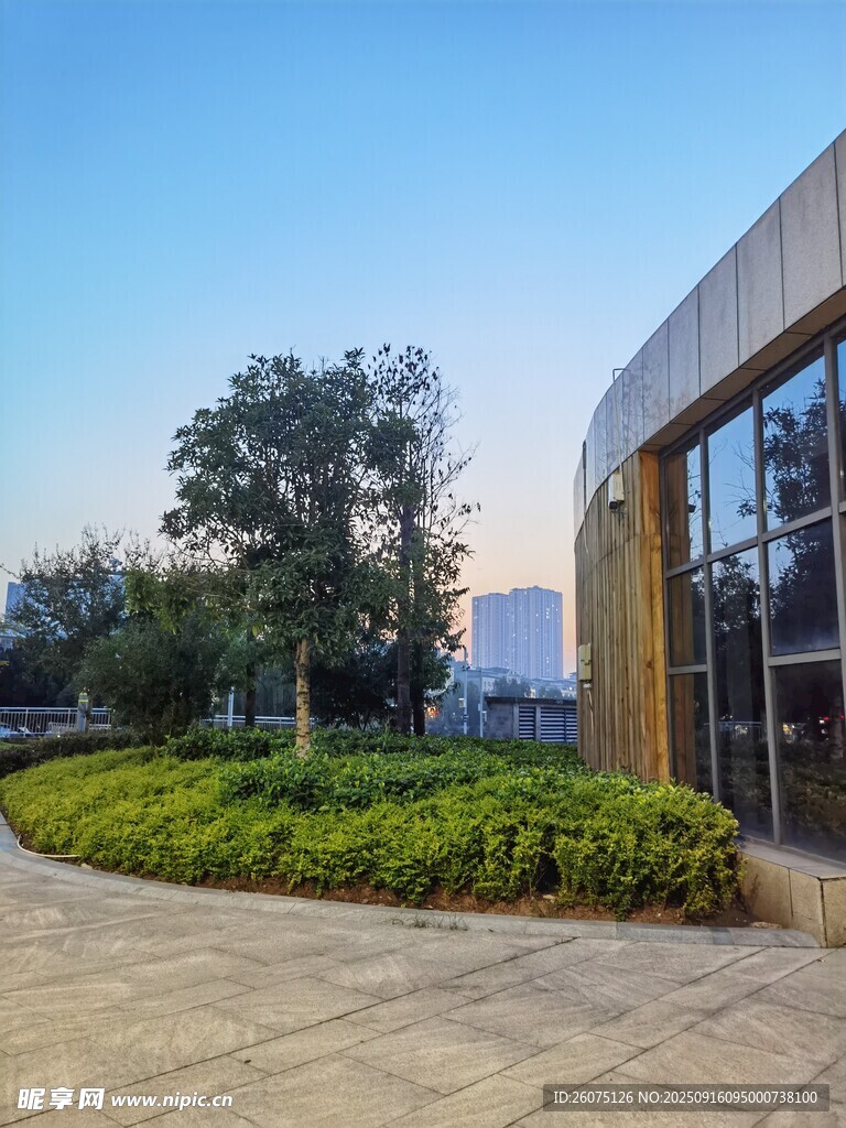 現(xiàn)代建筑旁的綠植景觀