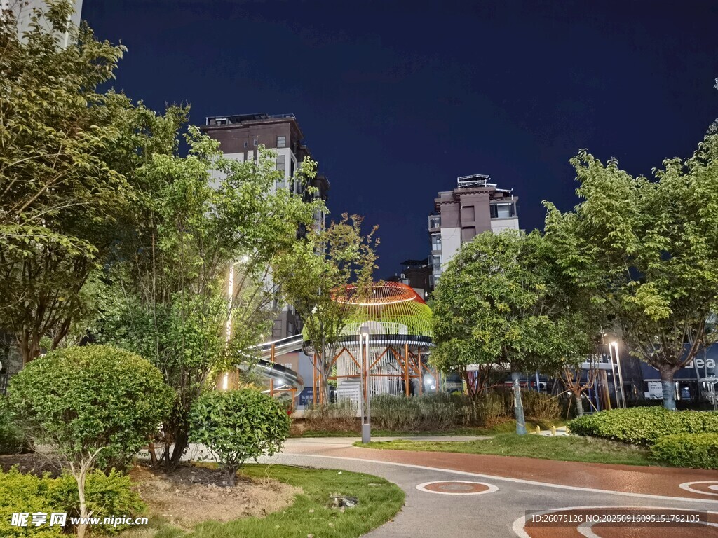小區(qū)夜景中的綠化與道路