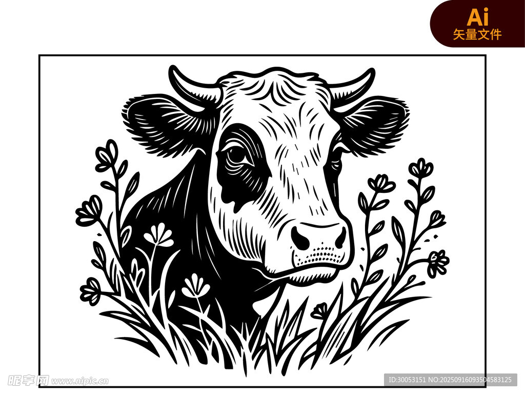 黑白牛與花草圖案插畫