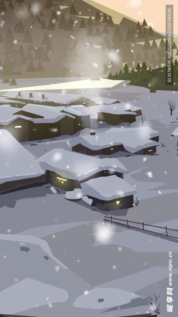 雪覆山間村落美景