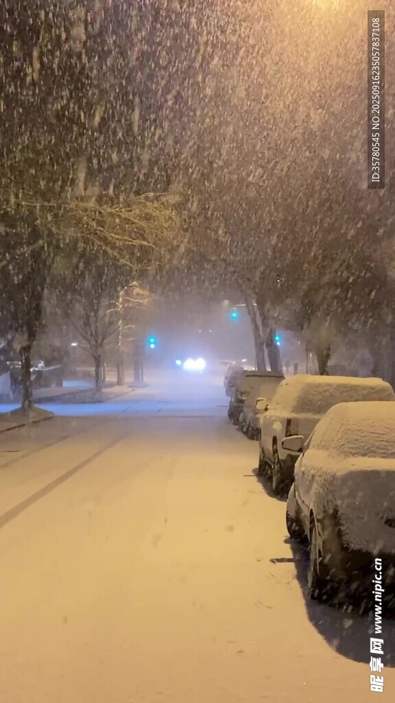 雪夜街道上的積雪車輛