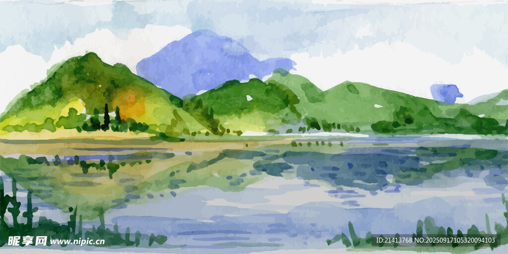 湖畔青山水彩風(fēng)景畫