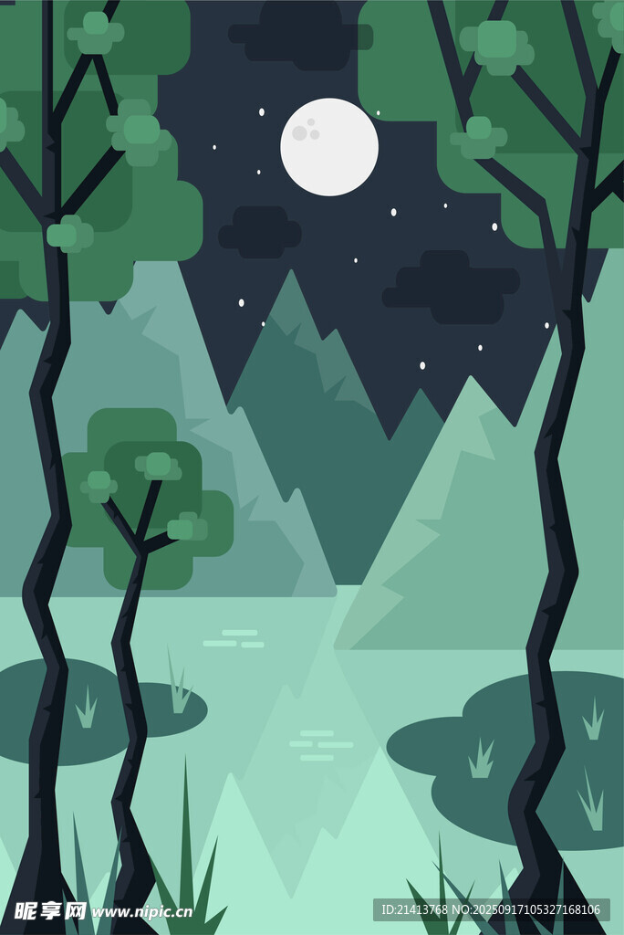 靜謐月夜山林湖景圖
