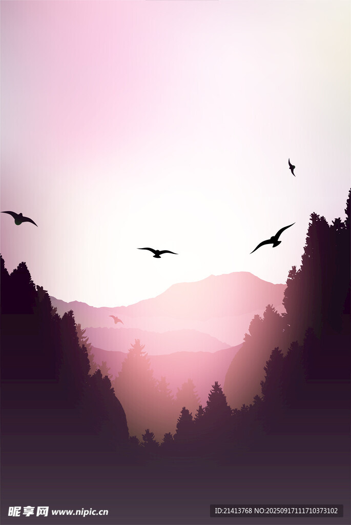 山間飛鳥伴霞光美景