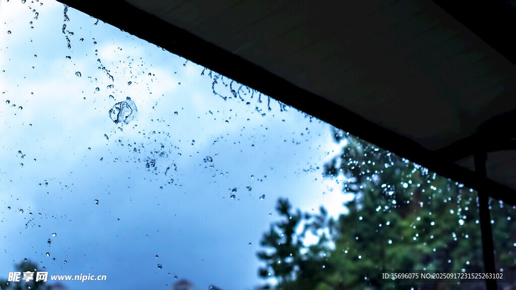 車窗上的雨滴與綠樹(shù)藍(lán)天