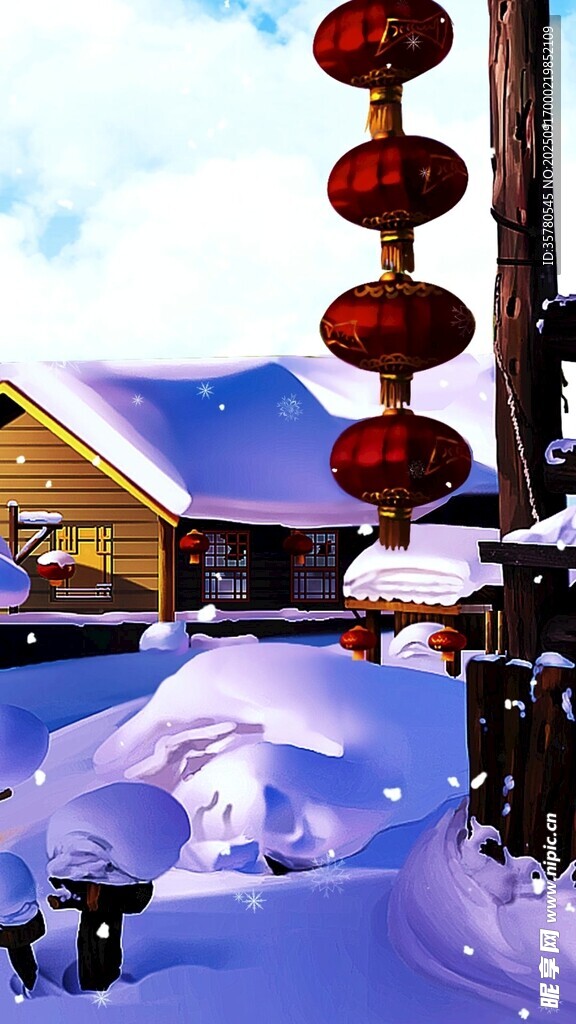 雪覆紅燈籠冬日溫馨景
