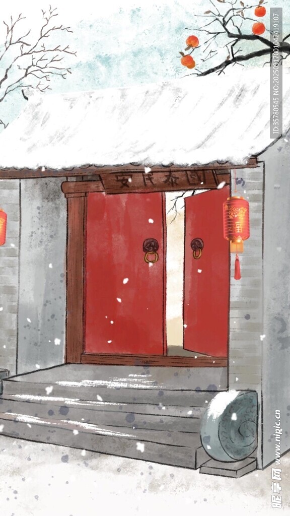 雪覆紅門的冬日中式小院