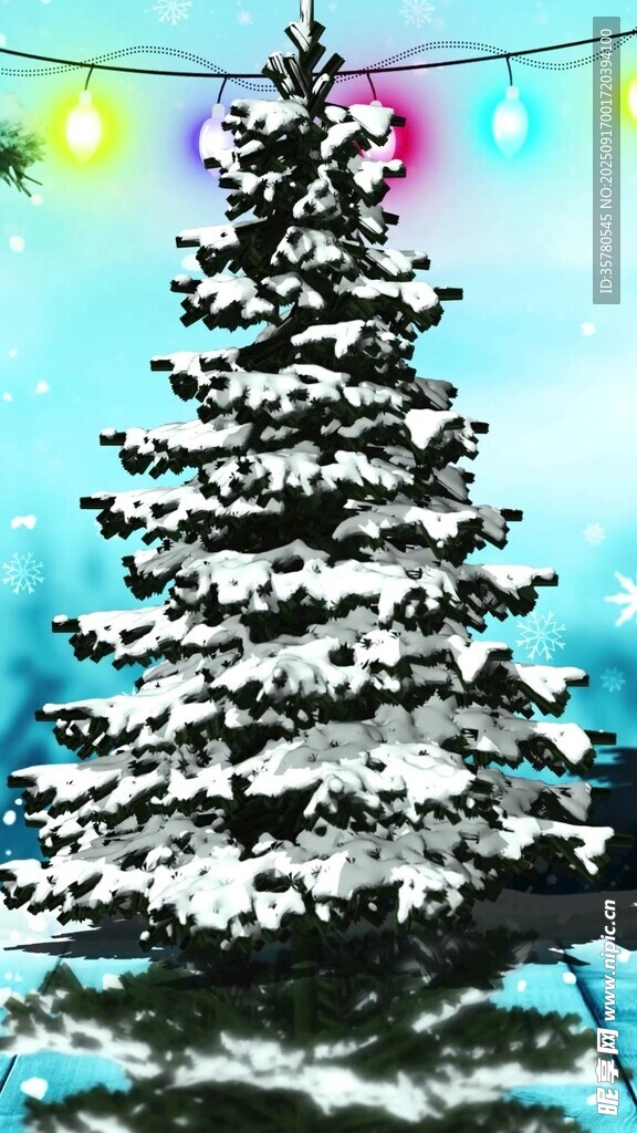 雪覆圣誕樹彩燈添氛圍