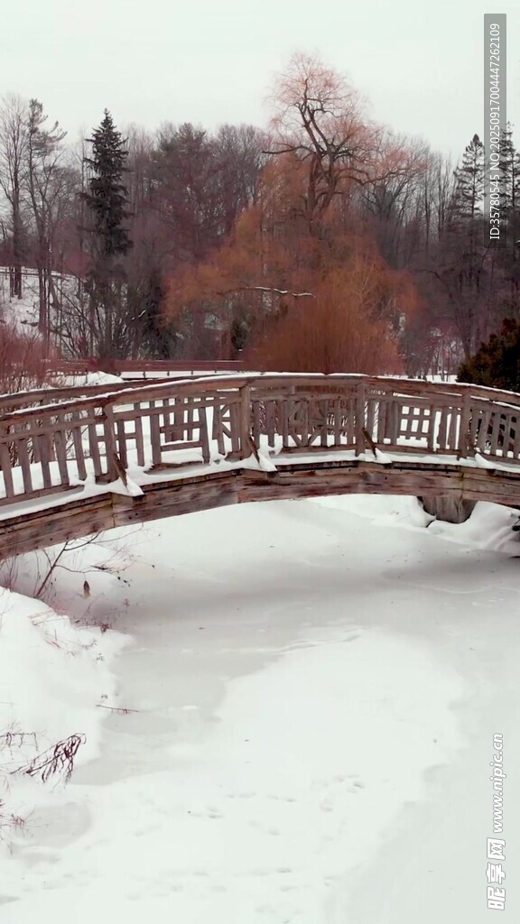 冬日雪覆木橋景致