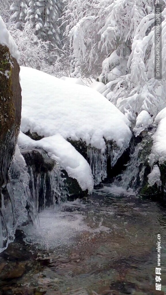 冬日溪流冰雪覆蓋之景