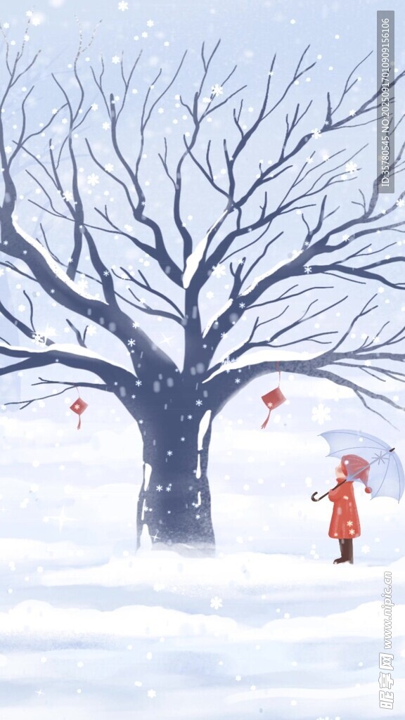 雪中小女孩與掛燈的樹