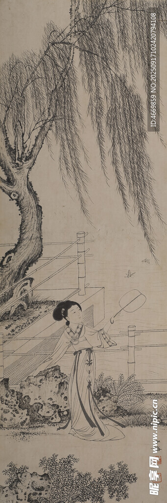 水墨垂柳下的人物景致