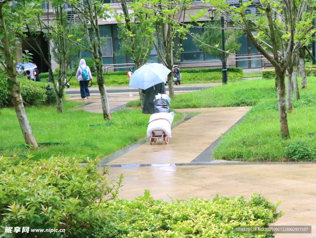 雨中漫步的孩童與行人