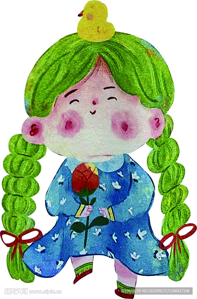 綠發(fā)辮女孩抱花坐于地