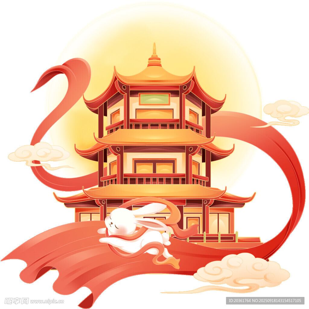 古風(fēng)樓閣伴紅日飄帶