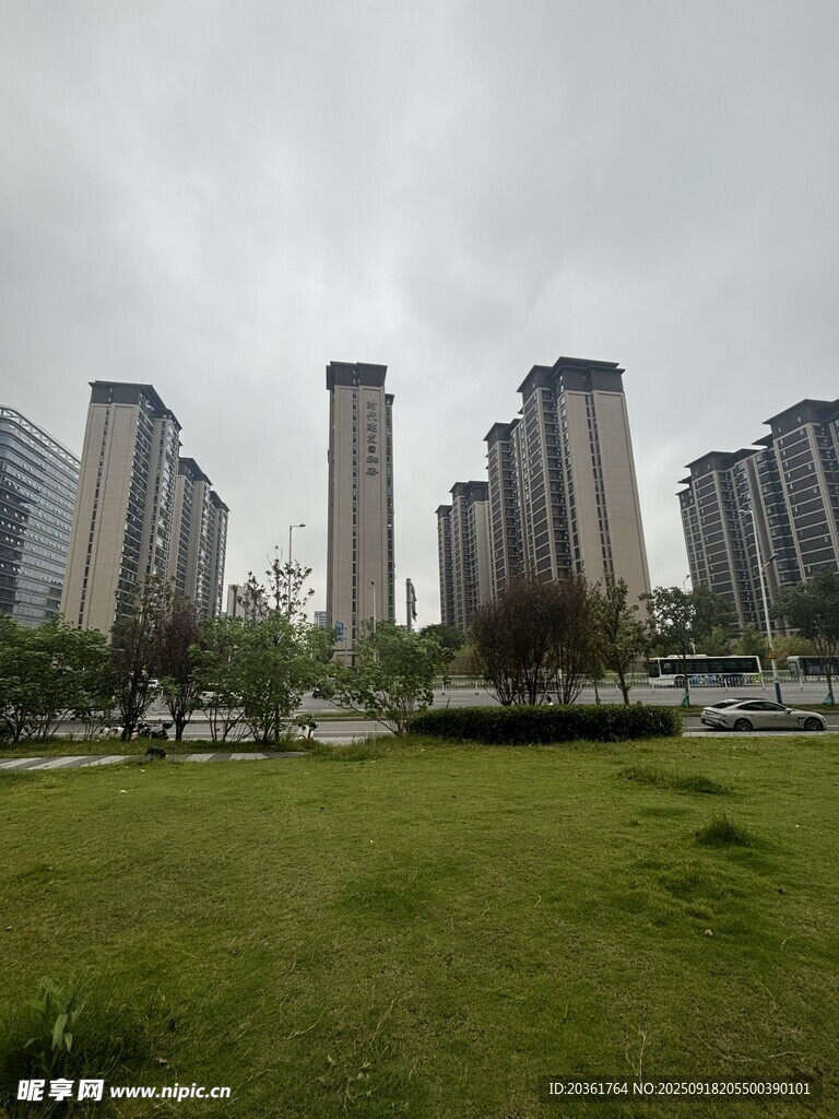 城市草地旁的高樓景觀