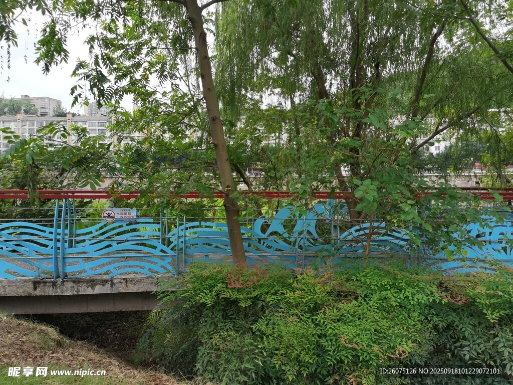 河畔綠植環(huán)繞的藍(lán)色橋梁