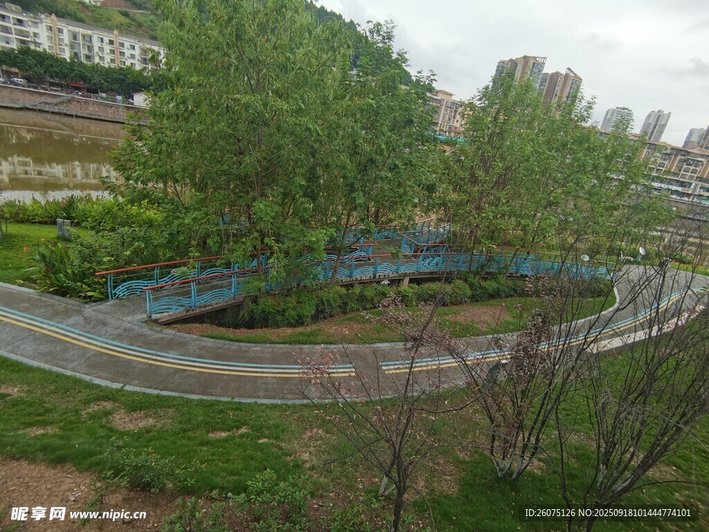 城市公園中的蜿蜒藍色步道