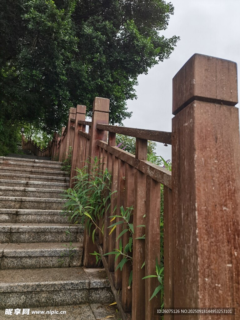 木質(zhì)欄桿旁的石階小路